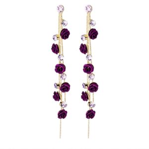 Close-up of handcrafted royal purple rose stud earrings with detailed floral petals on a clean background.