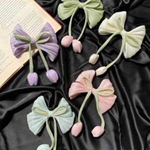 Multi-color Pleated Silk Hair Bow Clips with Tulip Charms